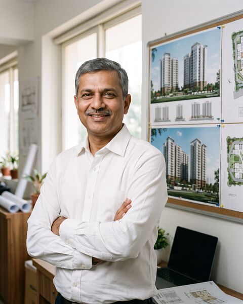 A real-estate developer beside the renders of his towers, arms folded, smiling