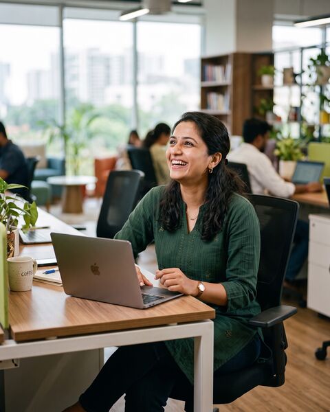A marketing lead at her desk, smiling at the results on her laptop