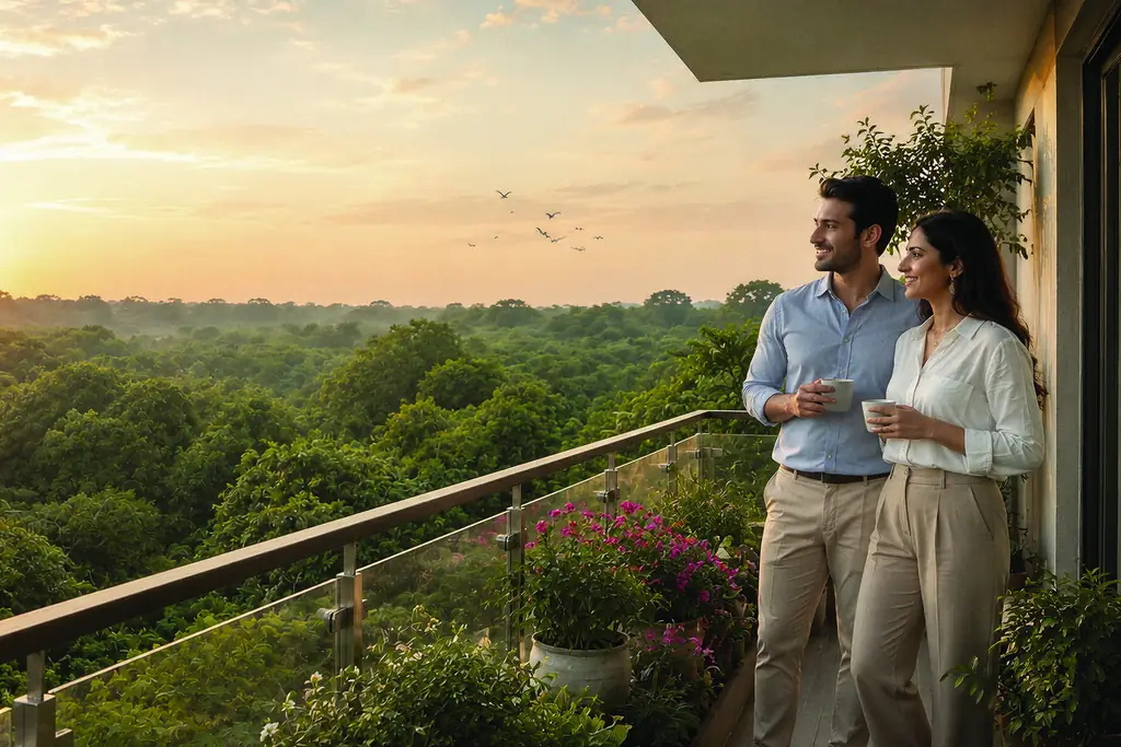 A couple on a balcony at sunrise above a canopy of green trees