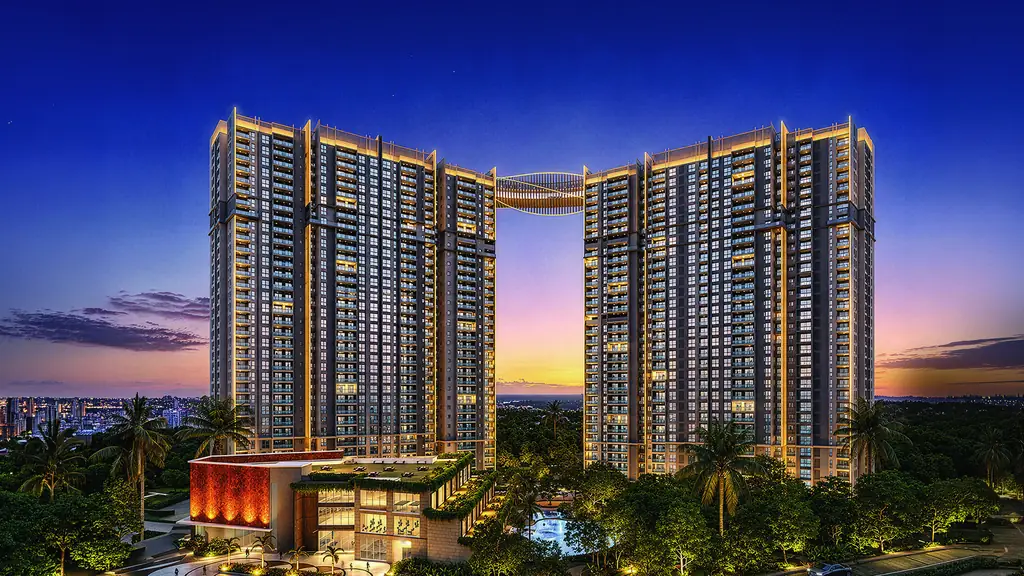 Two Forest Province towers joined by a sky bridge, lit against a violet dusk sky