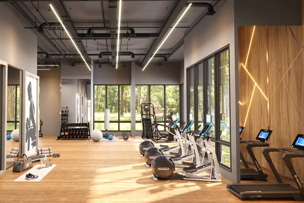 A gym with treadmills and weights on a timber floor, windows onto green trees