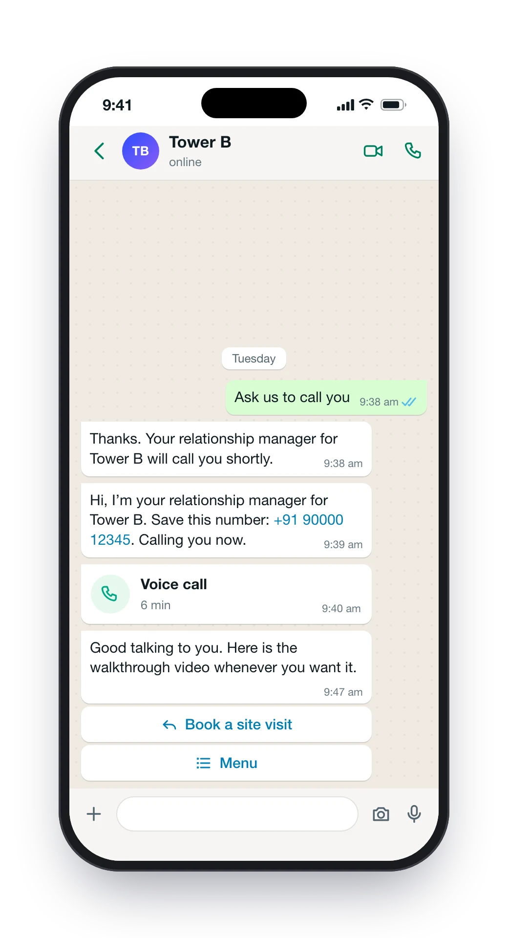 The chat: Ask us to call you, the RM introduced with a number to save, a six-minute voice call, and the walkthrough video after
