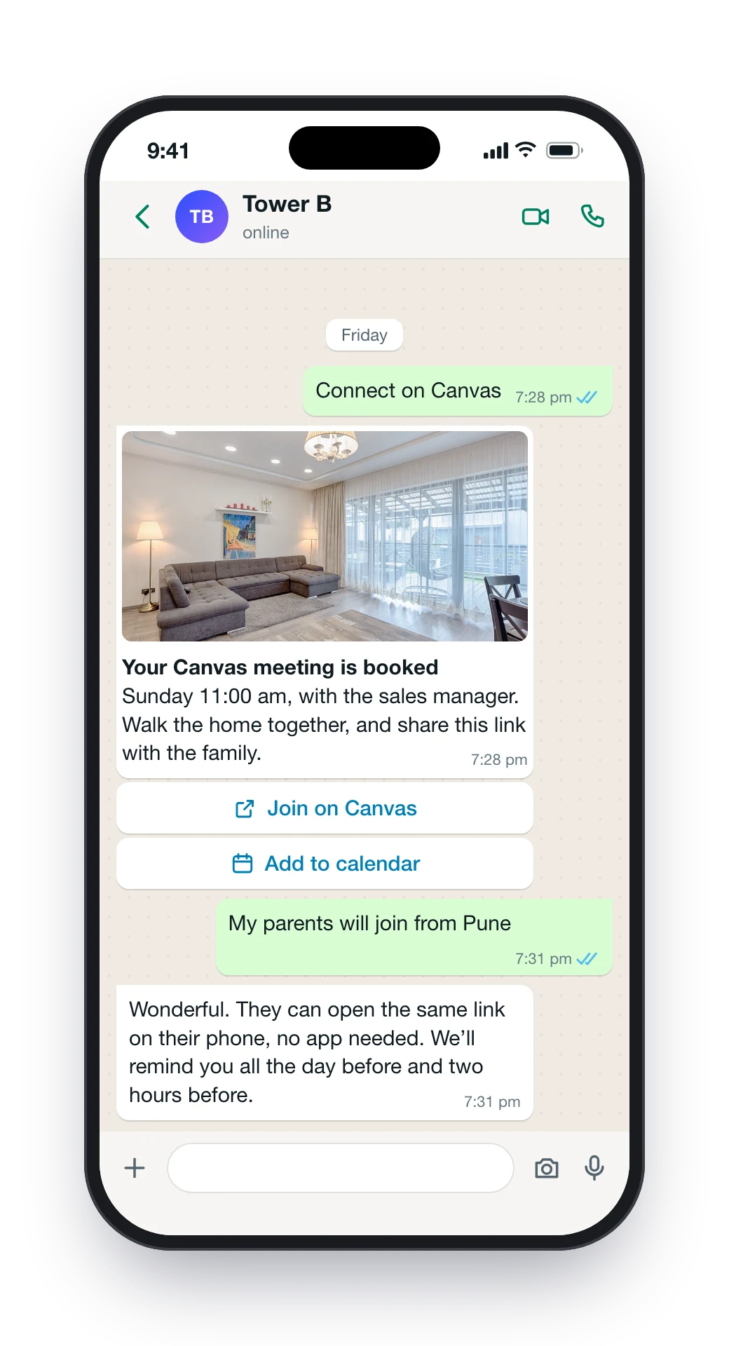 The chat: Connect on Canvas, the Canvas meeting booked for Sunday with a link for the family, and Aura’s note that the parents need no app