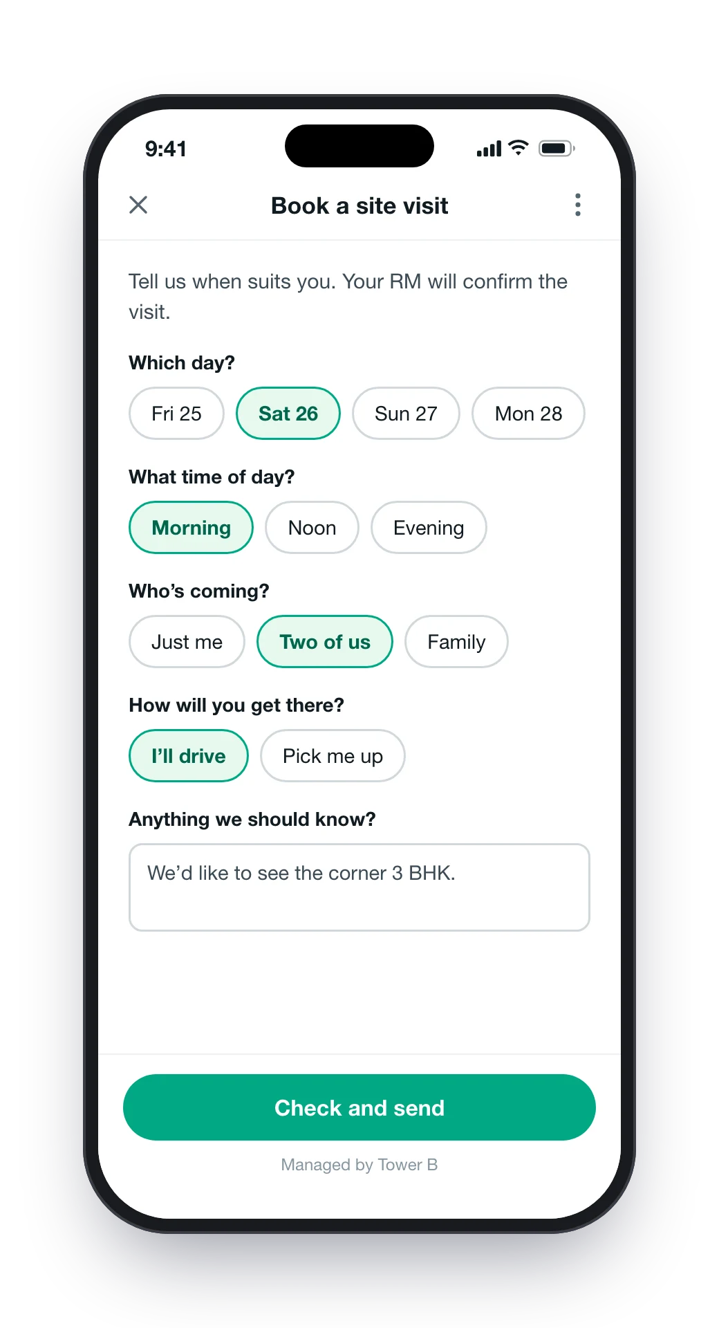 The site visit form in WhatsApp: Saturday, morning, two of us, I’ll drive, and Check and send
