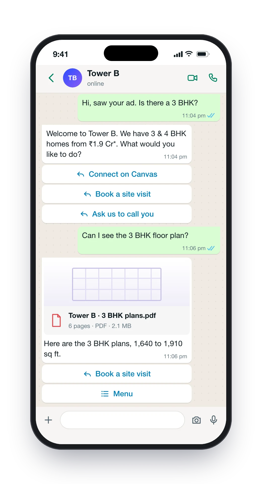 The chat: the buyer asks about a 3 BHK, Aura welcomes them with three buttons, then sends the 3 BHK floor plan PDF
