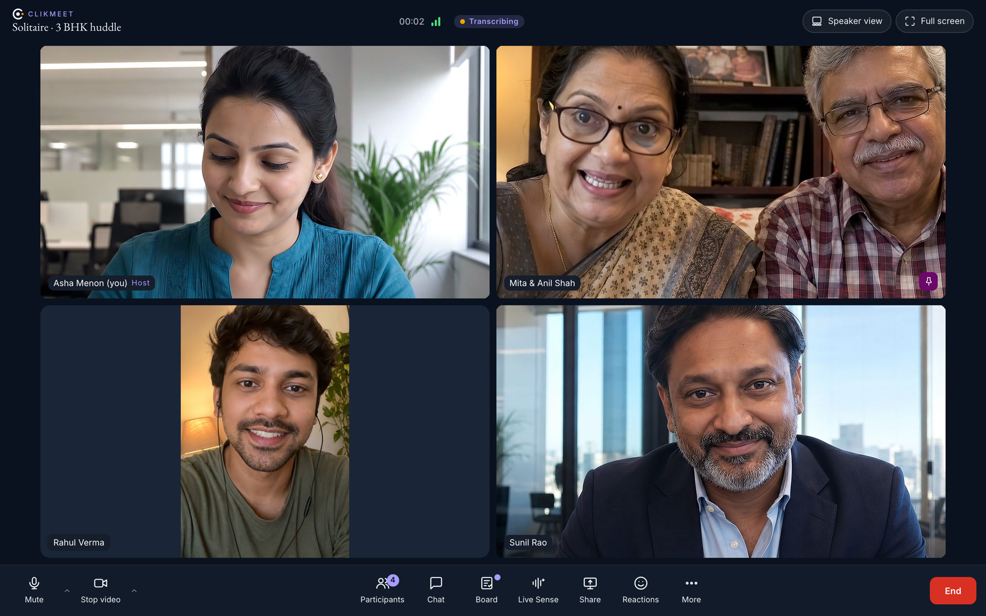 A ClikMeet call with four tiles: Asha, the host, laughing at her desk; Sunil, the sales head, in the office corridor; Mita and Anil Shah waving from their sofa; Rahul, a colleague, on his phone at home
