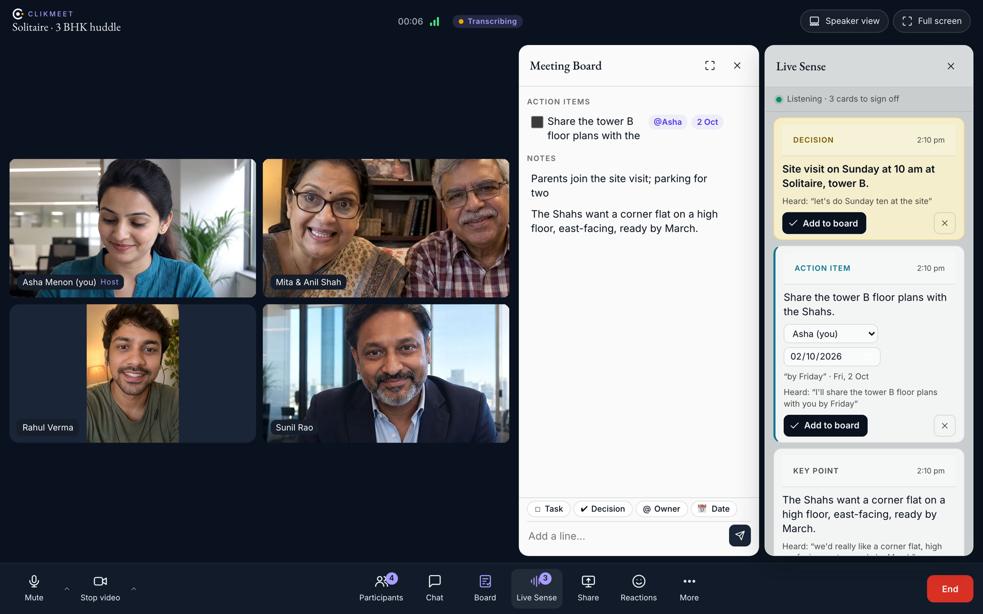 A ClikMeet call with the Meeting Board and Live Sense beside the faces