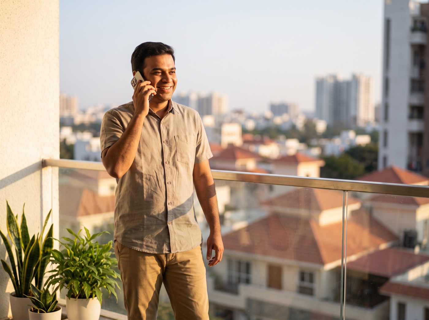 The buyer on his balcony, on a call with his RM