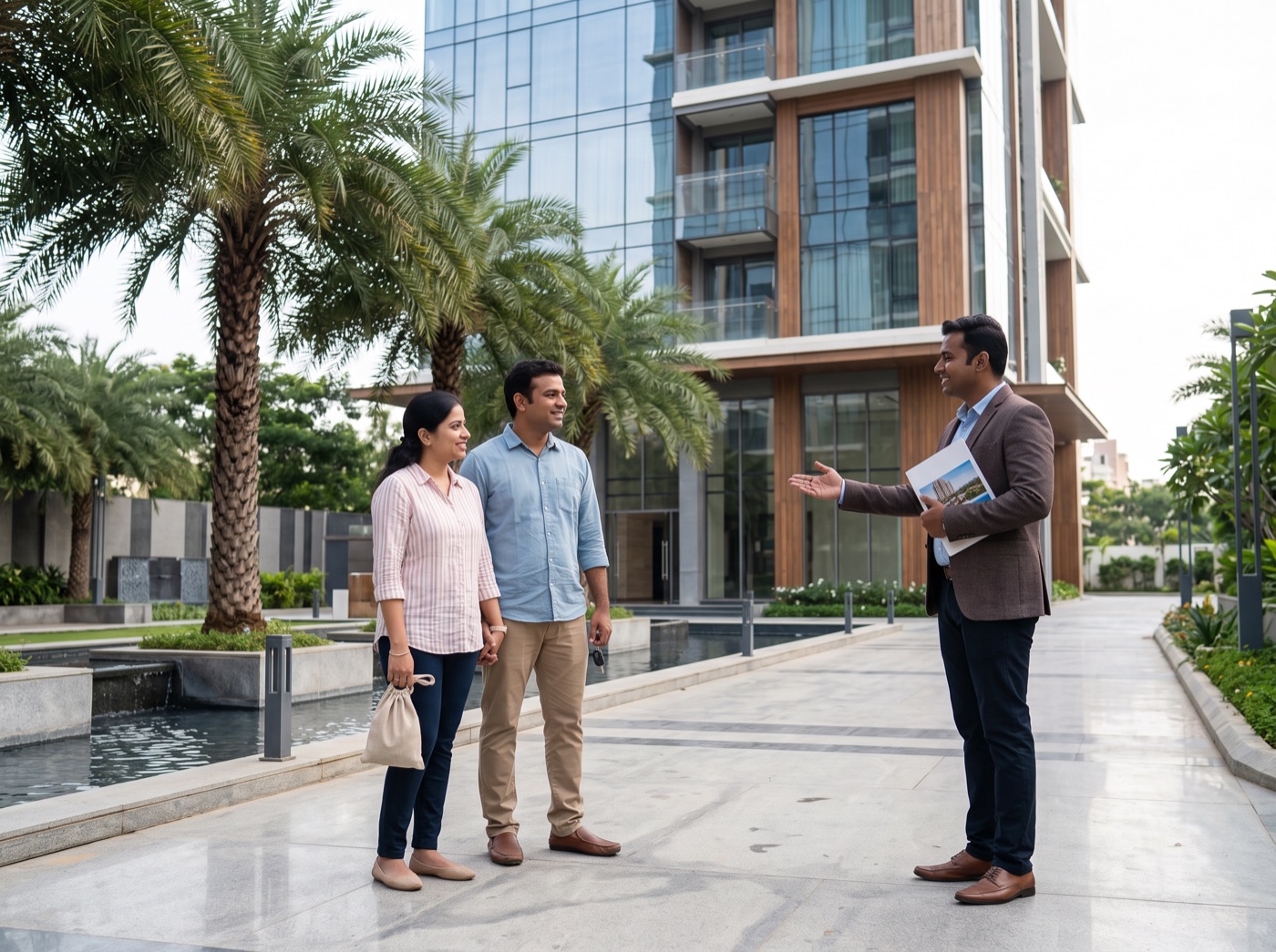 The couple arriving at the project entrance, greeted by the sales manager