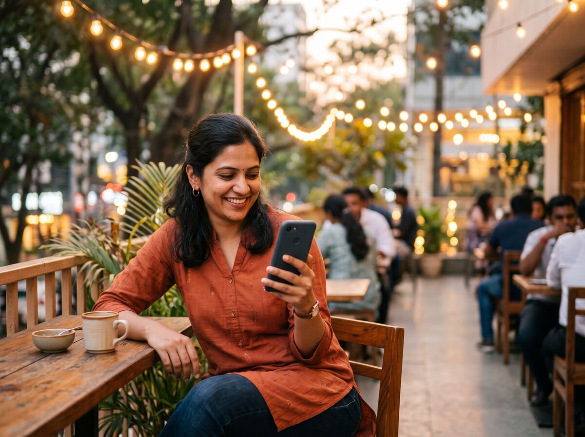 A buyer on a café terrace in the evening, smiling at a reply on her phone
