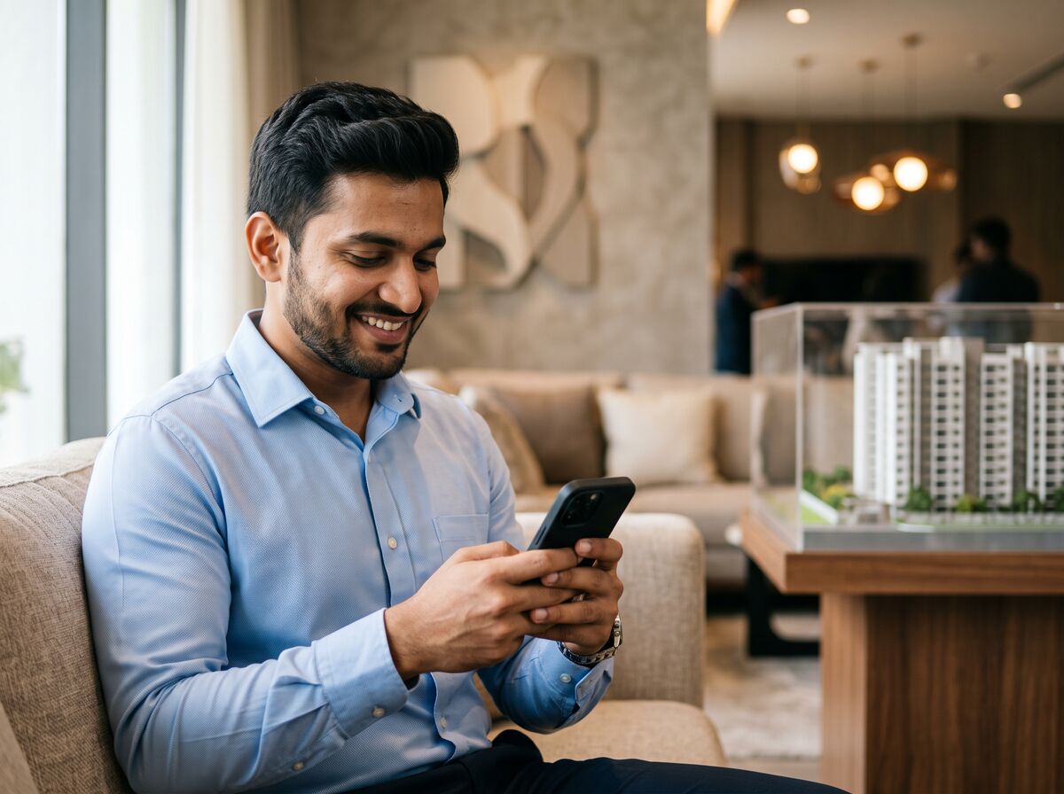 An RM in the sales lounge, smiling as he replies to a buyer on his phone