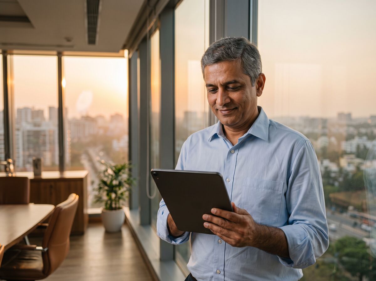 The business head in his office above the city, reading the numbers on a tablet