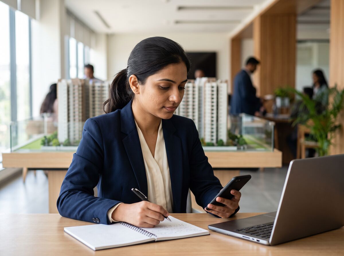 A relationship manager at her desk in the sales office, working through her day on her phone