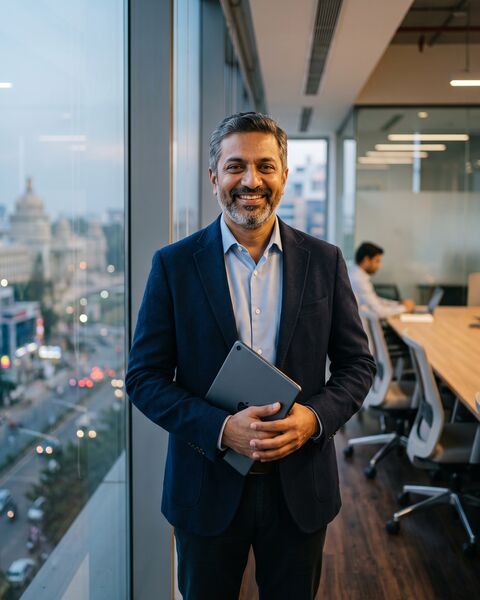 The business head in a glass-walled boardroom, holding a tablet