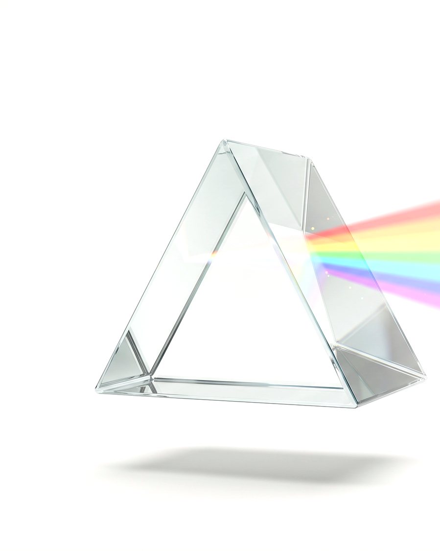A glass prism turning one beam of white light into seven colours