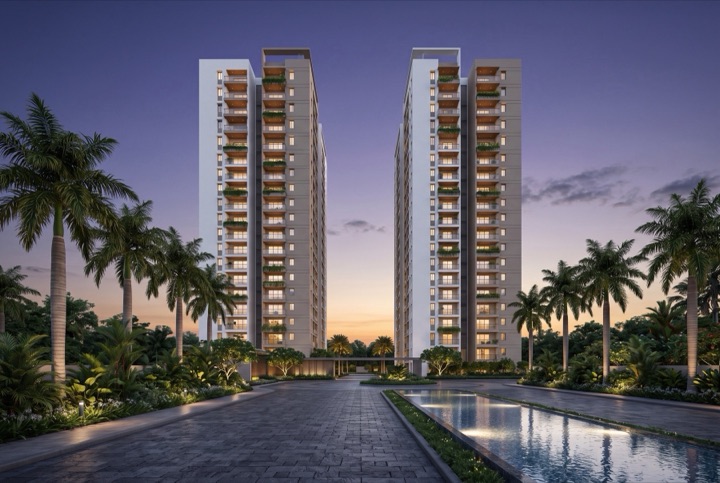 The builder&rsquo;s render of Tower B: two towers at dusk