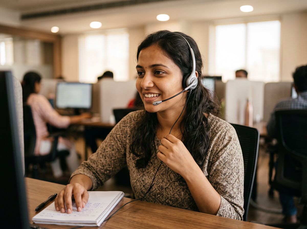 A calling-desk agent with a headset, smiling as she talks to a new lead
