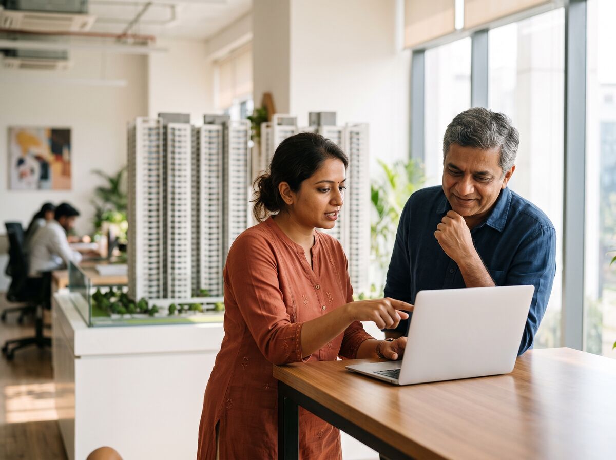 The marketing lead and the business head at a laptop, deciding on a proposal